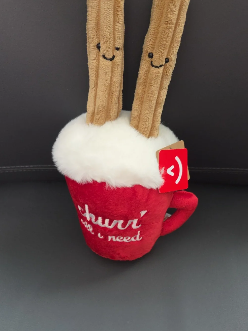 Plush Red Mug Holiday Toy with White Fur Top and Tan Stick Friends